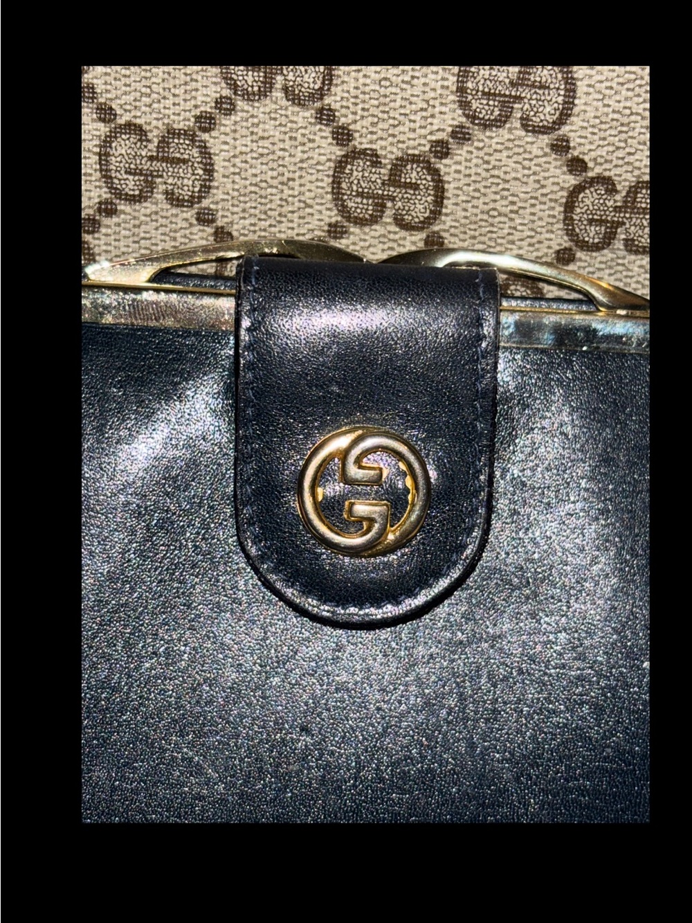 Gucci Beige Canvas Wallet with Navy Trim and Gold GG Snap - Picture 10 of 11